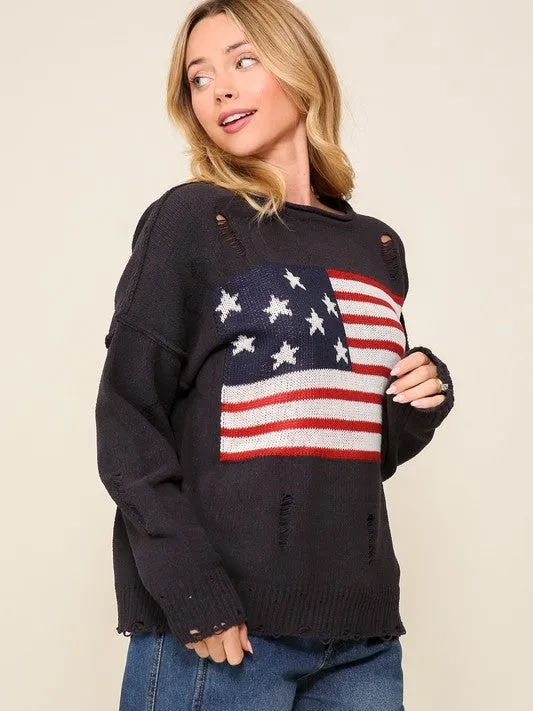 USA Flag Logo Long Sleeve Distressed Sweater