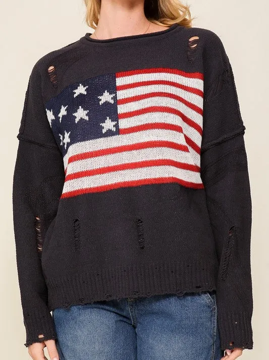 USA Flag Logo Long Sleeve Distressed Sweater