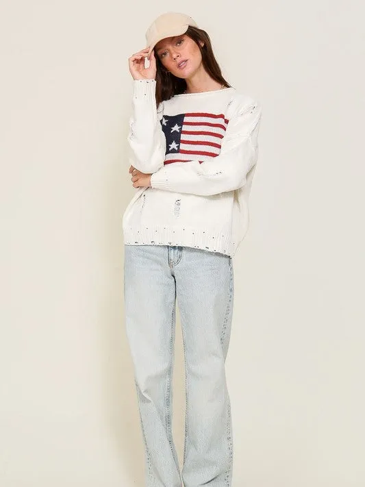 USA Flag Logo Long Sleeve Distressed Sweater