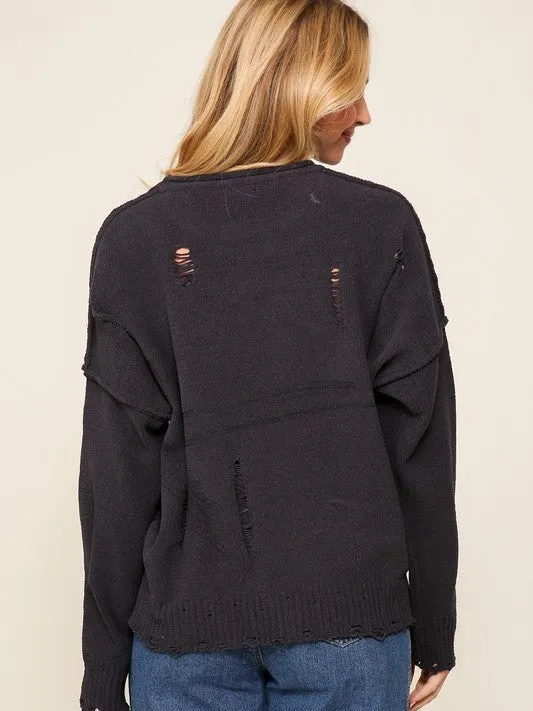 USA Flag Logo Long Sleeve Distressed Sweater