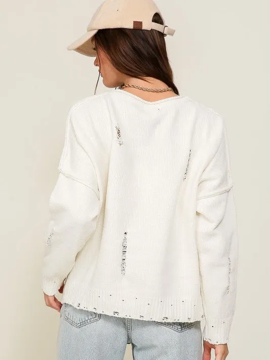 USA Flag Logo Long Sleeve Distressed Sweater