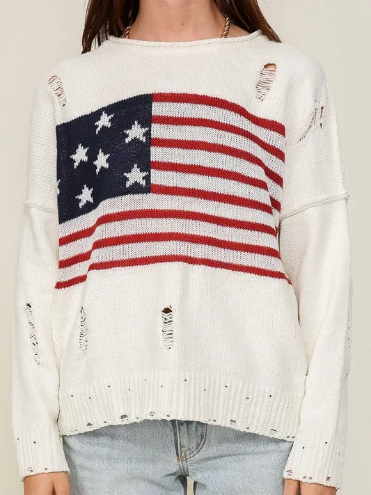 USA Flag Logo Long Sleeve Distressed Sweater