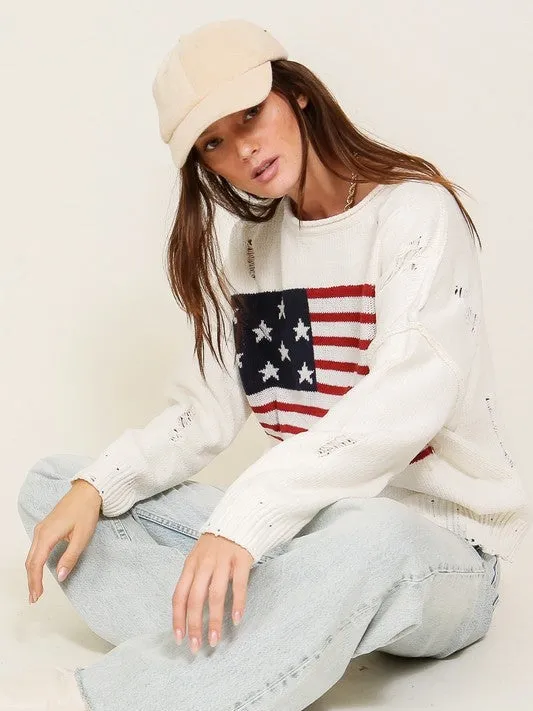 USA Flag Logo Long Sleeve Distressed Sweater