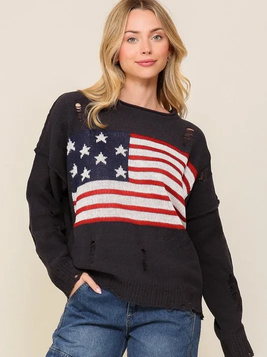 USA Flag Logo Long Sleeve Distressed Sweater
