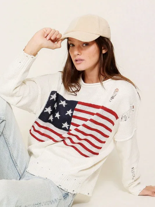 USA Flag Logo Long Sleeve Distressed Sweater