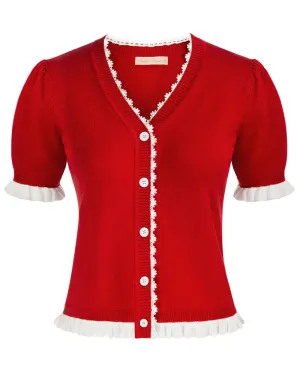 Vintage Contrast Color Cardigan Sweater Short Sleeve V-Neck Knitwear