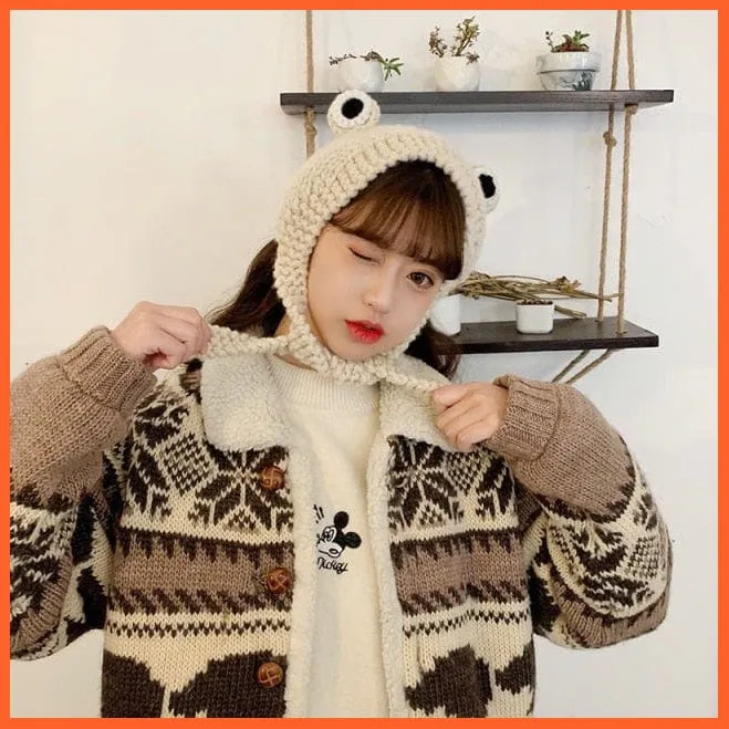 Women Photography Prop Party Winter Skullies | Cute Women Frog Hat Crochet Knitted Hat Costume Beanie Hats Caps |  Women Gift Hip-Hop Cap