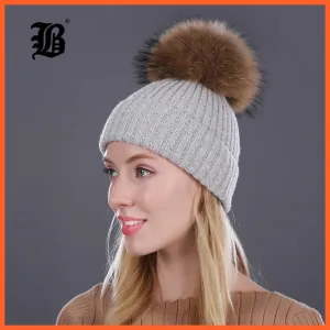 Women Winter Hats Real Mink Fur Pom Poms | Girls Hats Wool Knitted Beanies Cap Solid Colors Cap Female Causal Hats