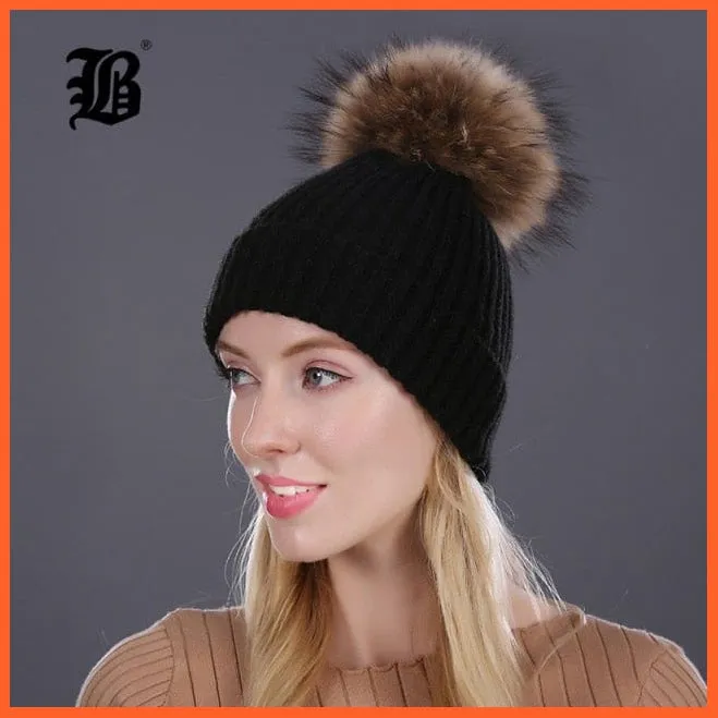 Women Winter Hats Real Mink Fur Pom Poms | Girls Hats Wool Knitted Beanies Cap Solid Colors Cap Female Causal Hats