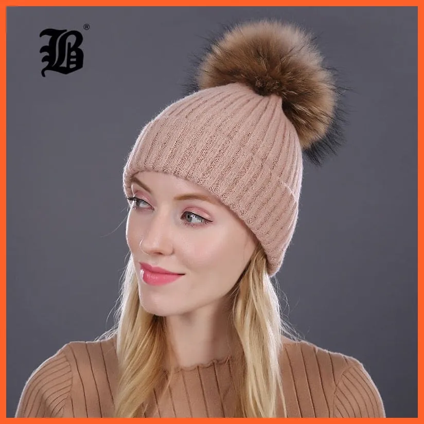 Women Winter Hats Real Mink Fur Pom Poms | Girls Hats Wool Knitted Beanies Cap Solid Colors Cap Female Causal Hats