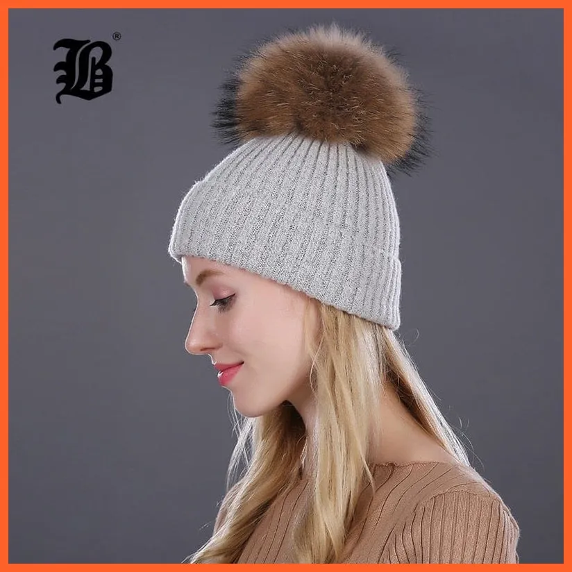 Women Winter Hats Real Mink Fur Pom Poms | Girls Hats Wool Knitted Beanies Cap Solid Colors Cap Female Causal Hats