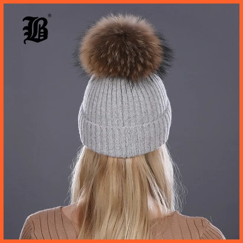 Women Winter Hats Real Mink Fur Pom Poms | Girls Hats Wool Knitted Beanies Cap Solid Colors Cap Female Causal Hats