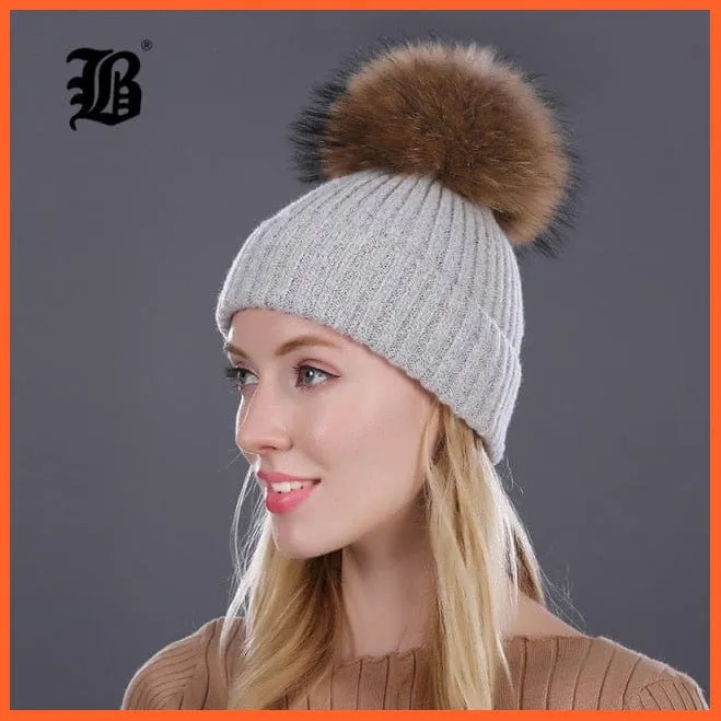 Women Winter Hats Real Mink Fur Pom Poms | Girls Hats Wool Knitted Beanies Cap Solid Colors Cap Female Causal Hats