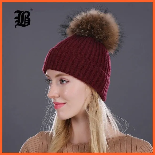 Women Winter Hats Real Mink Fur Pom Poms | Girls Hats Wool Knitted Beanies Cap Solid Colors Cap Female Causal Hats