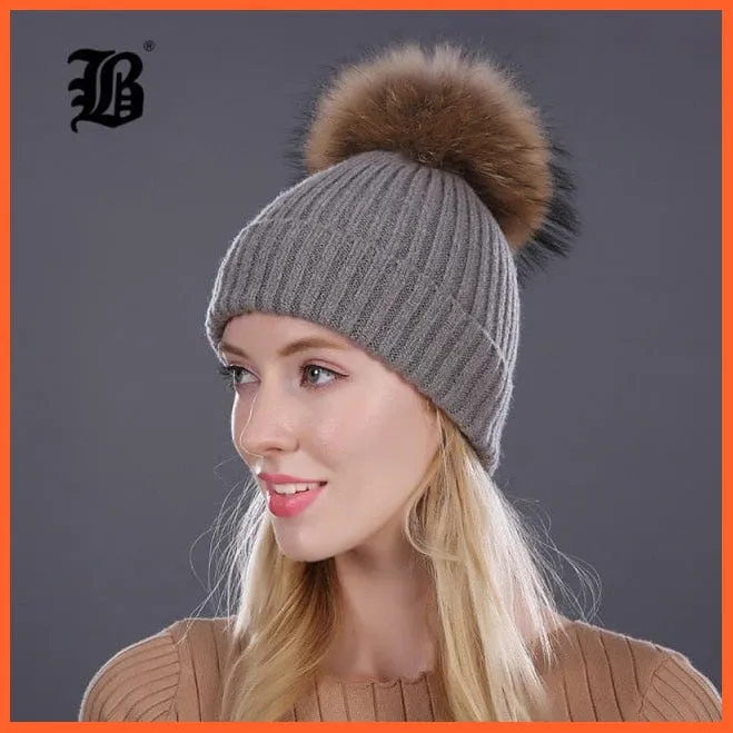 Women Winter Hats Real Mink Fur Pom Poms | Girls Hats Wool Knitted Beanies Cap Solid Colors Cap Female Causal Hats