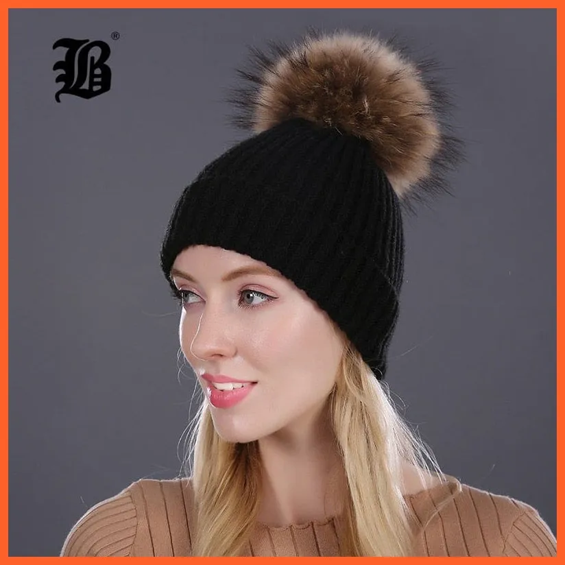 Women Winter Hats Real Mink Fur Pom Poms | Girls Hats Wool Knitted Beanies Cap Solid Colors Cap Female Causal Hats