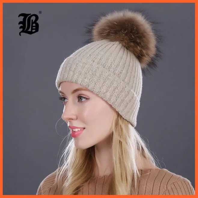 Women Winter Hats Real Mink Fur Pom Poms | Girls Hats Wool Knitted Beanies Cap Solid Colors Cap Female Causal Hats
