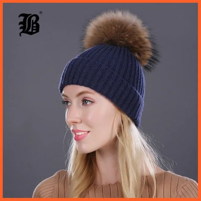 Women Winter Hats Real Mink Fur Pom Poms | Girls Hats Wool Knitted Beanies Cap Solid Colors Cap Female Causal Hats